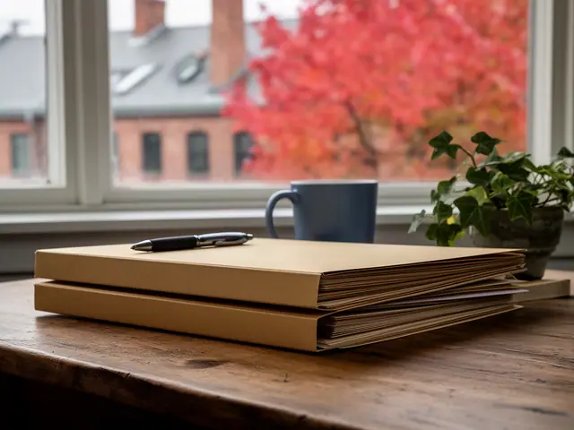 A neat stack of closed manila folders and a pen on a desk by a window.