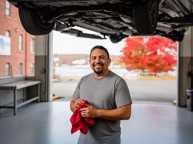 An auto-repair shop owner in a service bay under a lifted car.