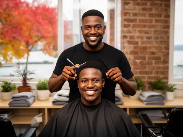 A stylist finishing a client's hair in a bright salon.